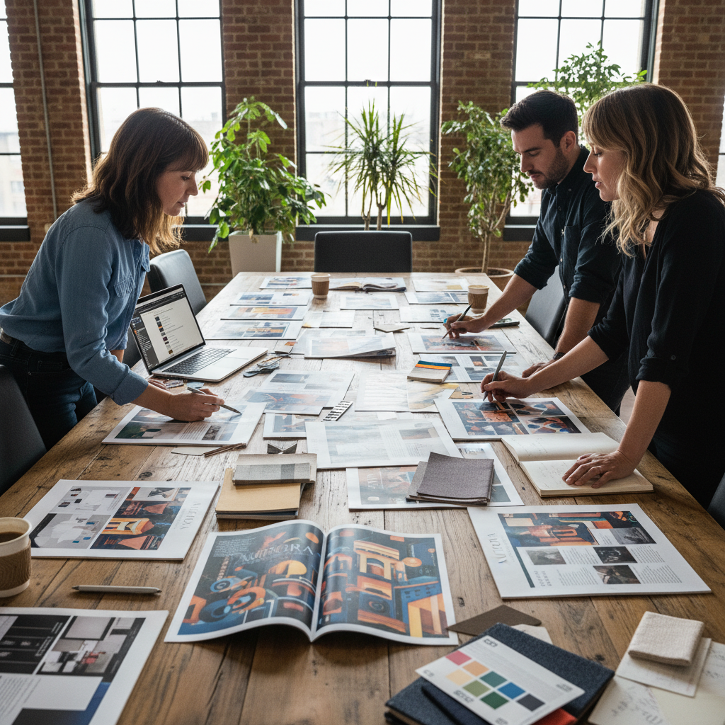 Creative team at a high end magazine publisher reviewing print proofs and design layouts during production
