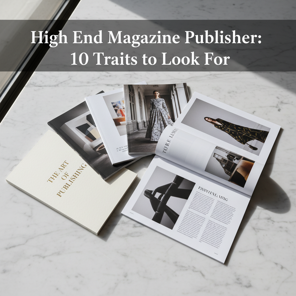 Collection of high end magazine publisher products displayed on marble surface showing premium print quality