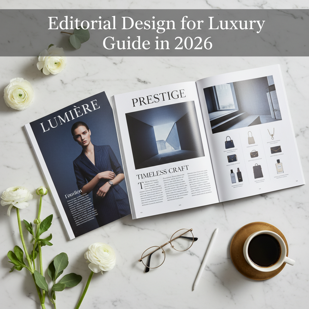 editorial design for luxury brands guide showing premium magazine layouts on marble surface
