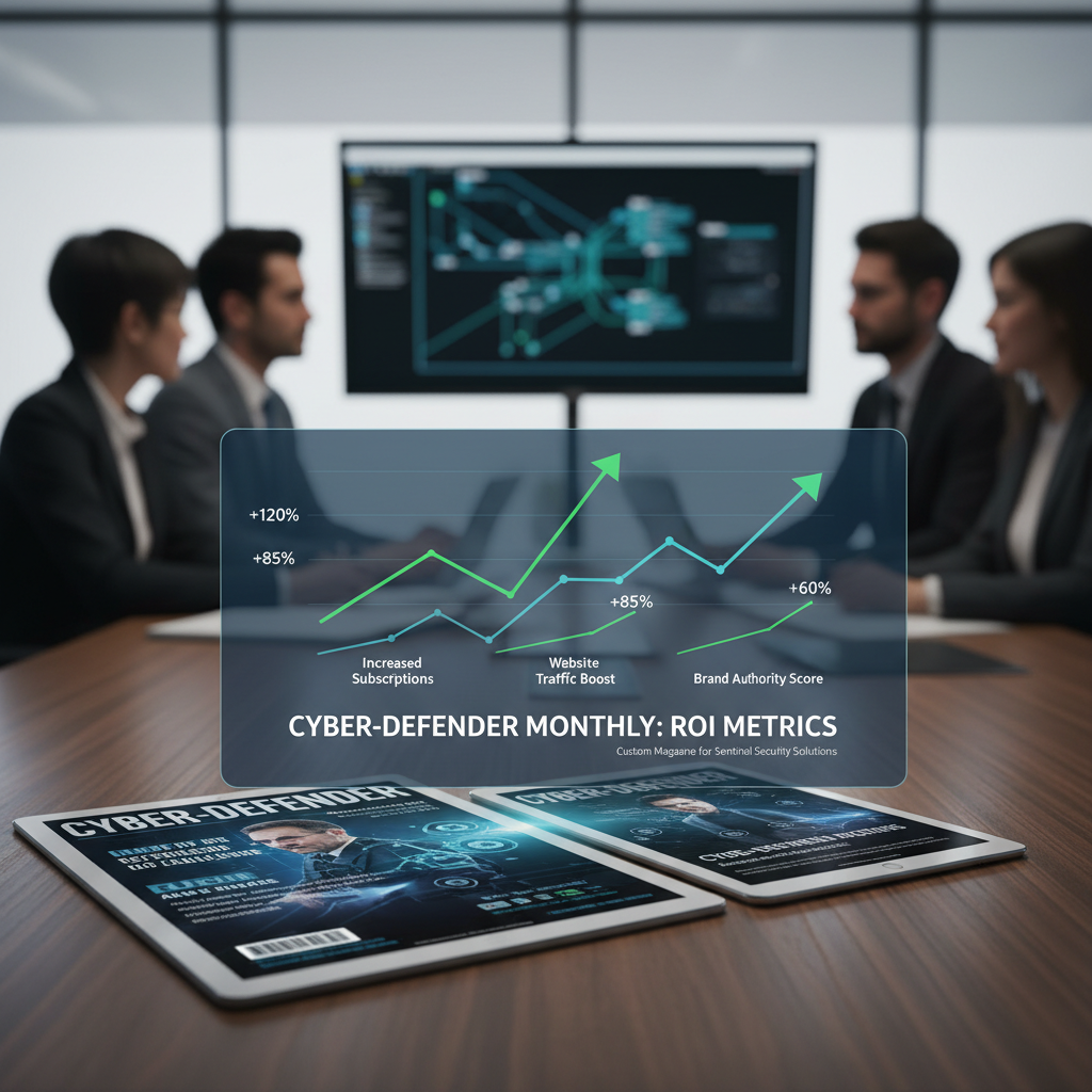 ROI measurement dashboard for custom magazine for cybersecurity company showing positive trends