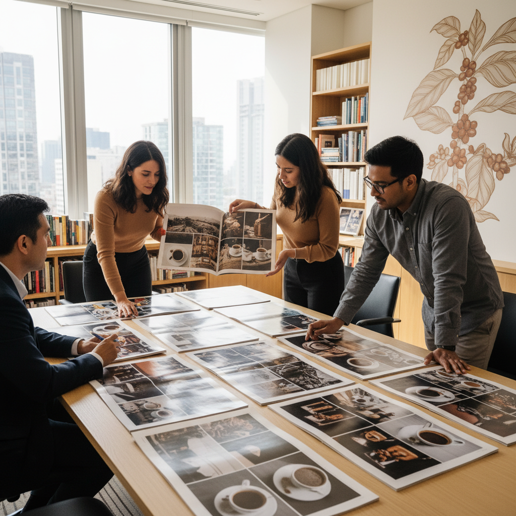 Editorial team developing content strategy for corporate coffee table books