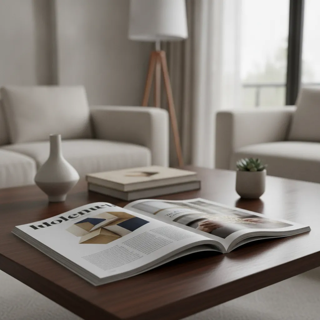 tangible brand marketing example showing a premium print magazine on a coffee table