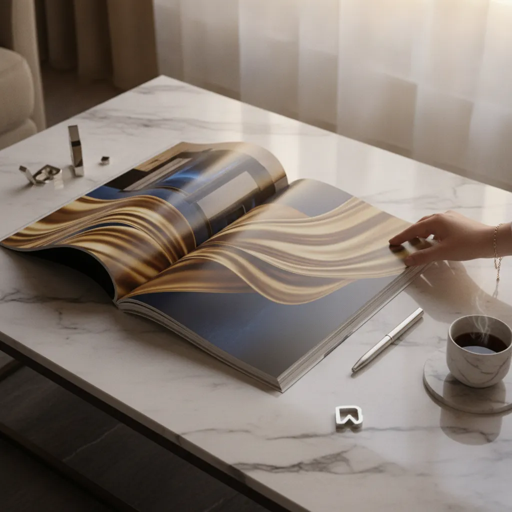 High-end print magazine open on coffee table representing brand publishing strategy