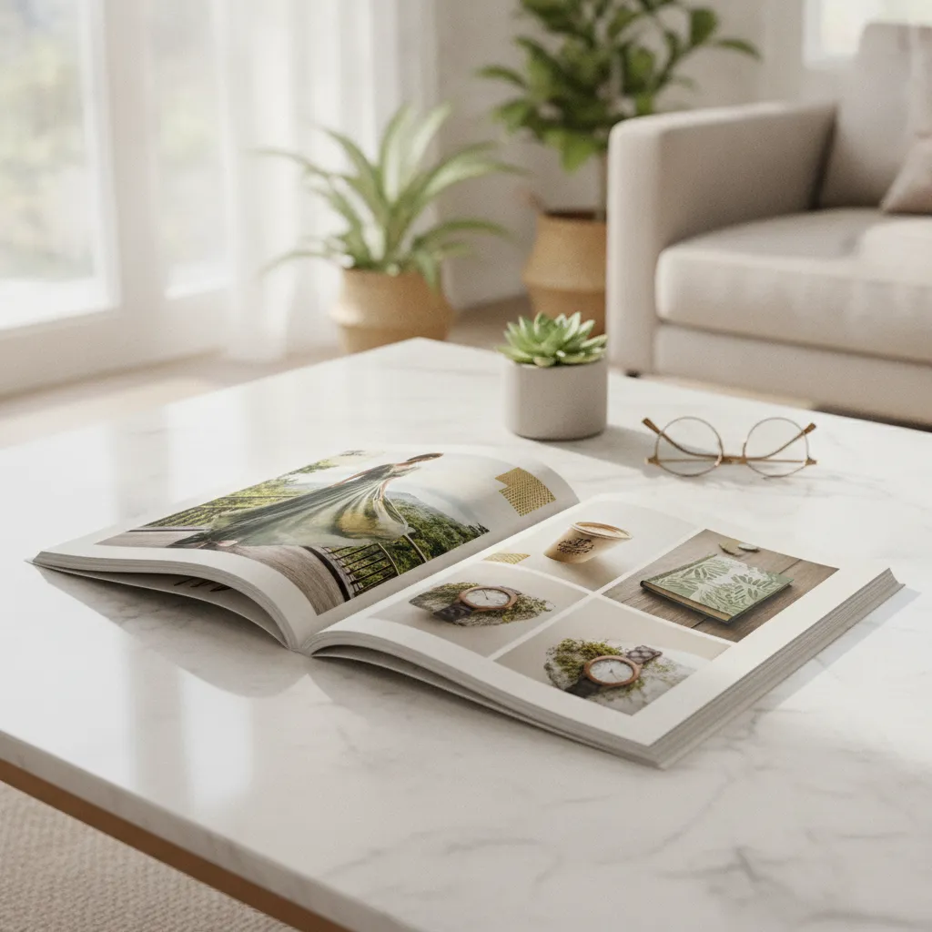 sustainable luxury publishing magazine open on coffee table with editorial spread