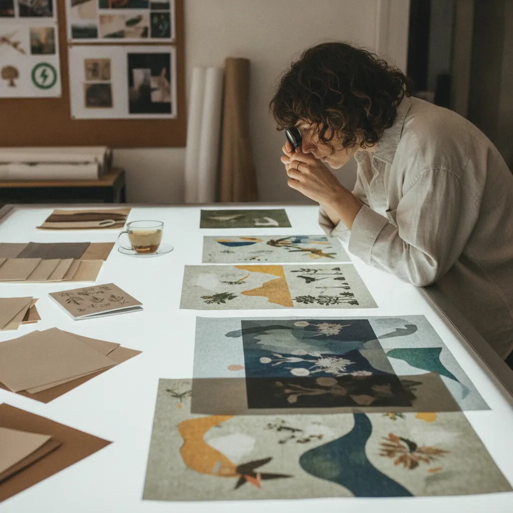 sustainable luxury publishing production process with printed proofs and paper samples