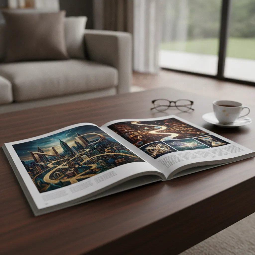 narrative design magazine layout spread showing editorial design on coffee table