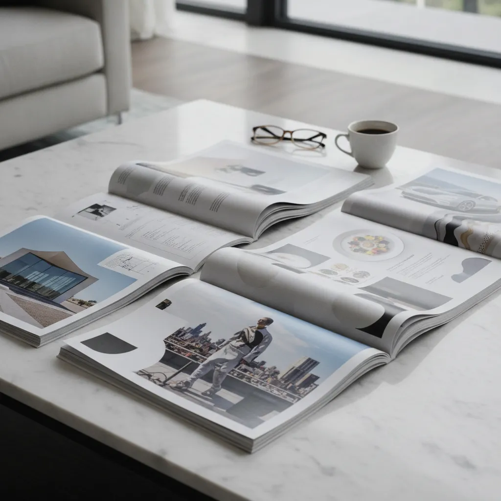 Cross-industry magazine publishing examples showing editorial spreads for hospitality, real estate, and professional services brands