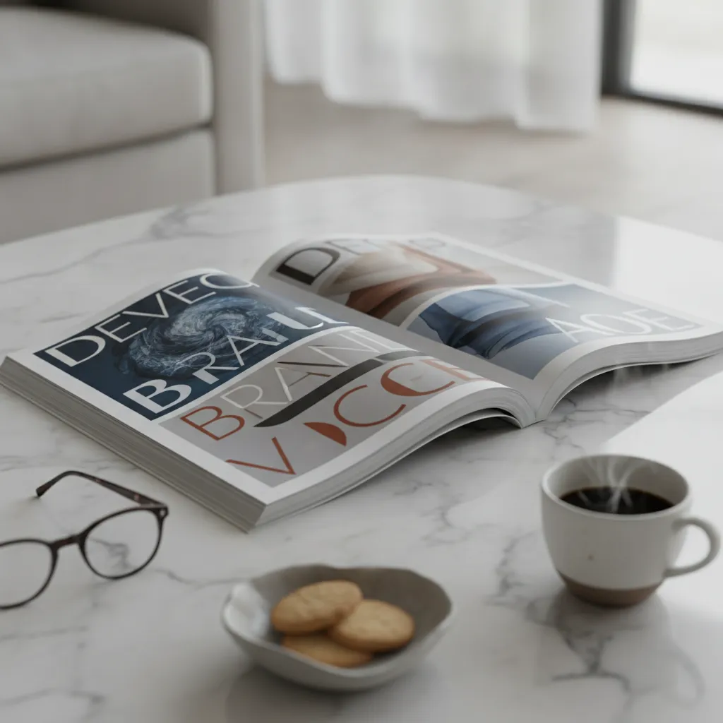 develop brand voice magazine with editorial design spread on coffee table