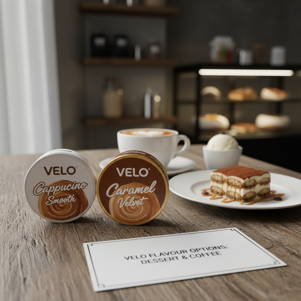 VELO coffee and dessert flavours including Cappuccino Smooth and Caramel Velvet nicotine pouches