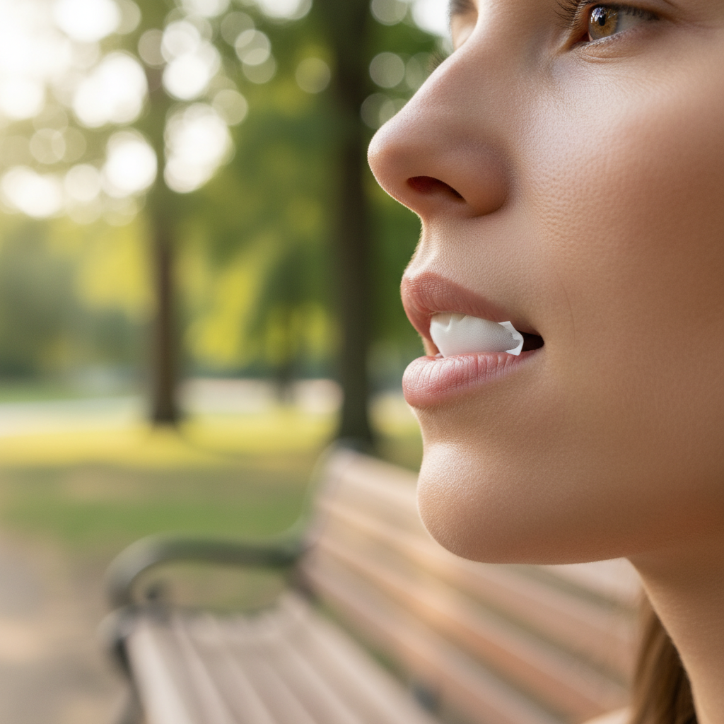Person using a tobacco-free nicotine pouch as a discreet vaping alternative
