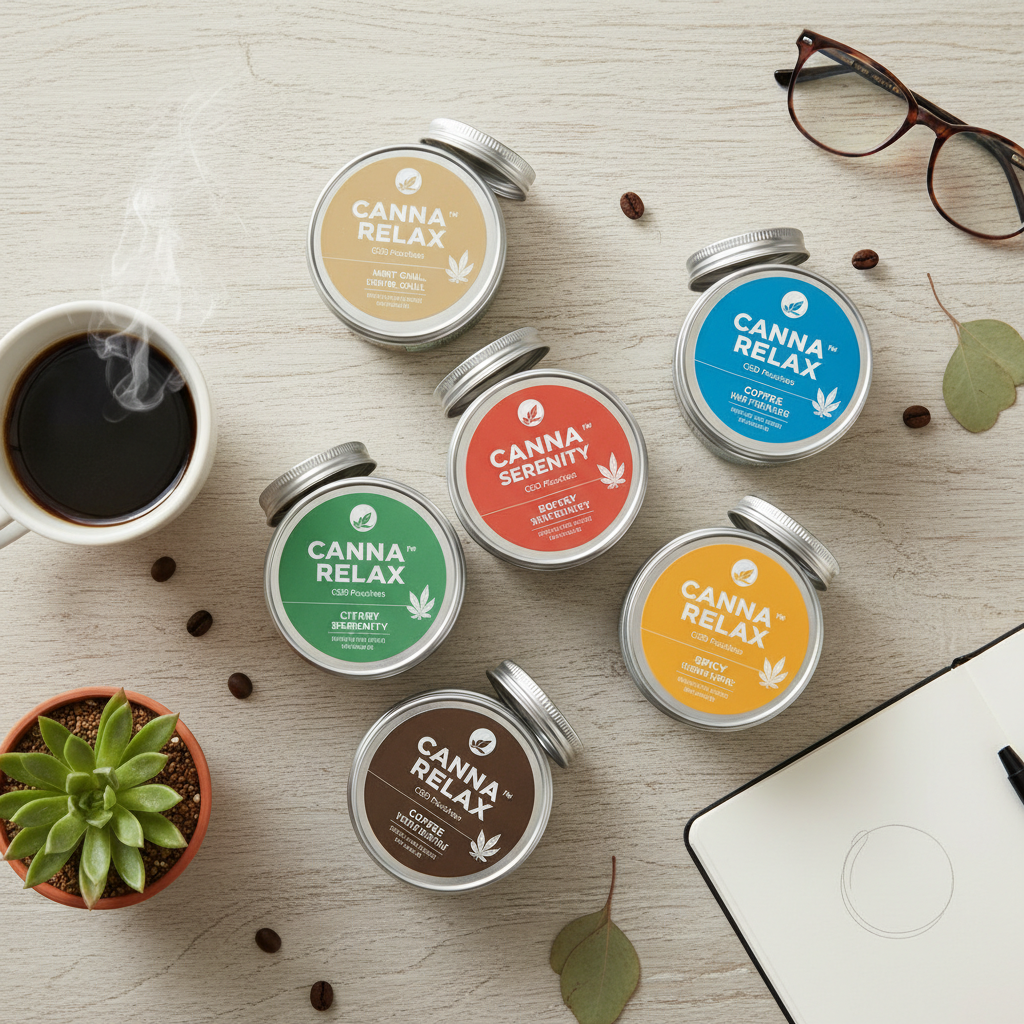 Variety of cannabidiol pouch cans in different flavors displayed in a lifestyle setting