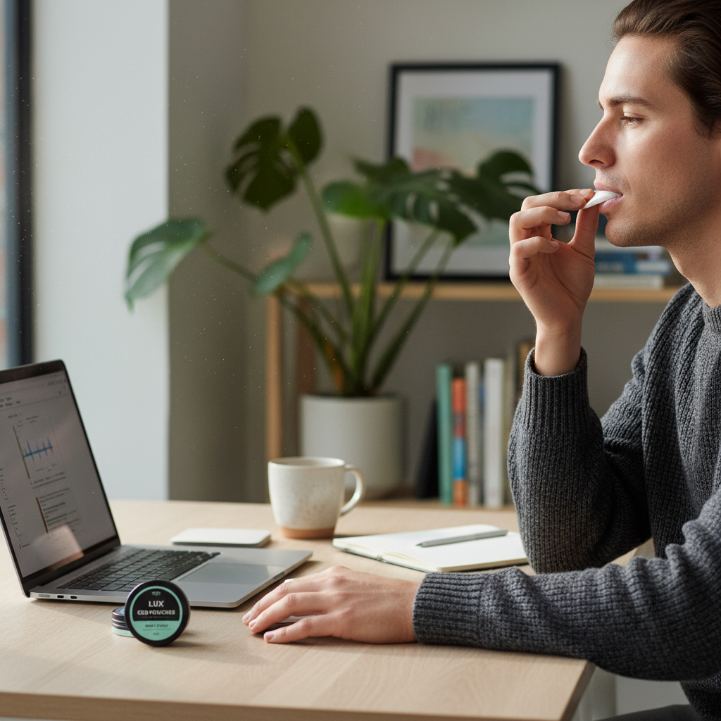 Person using a cannabidiol pouch discreetly at a workspace demonstrating ease of use