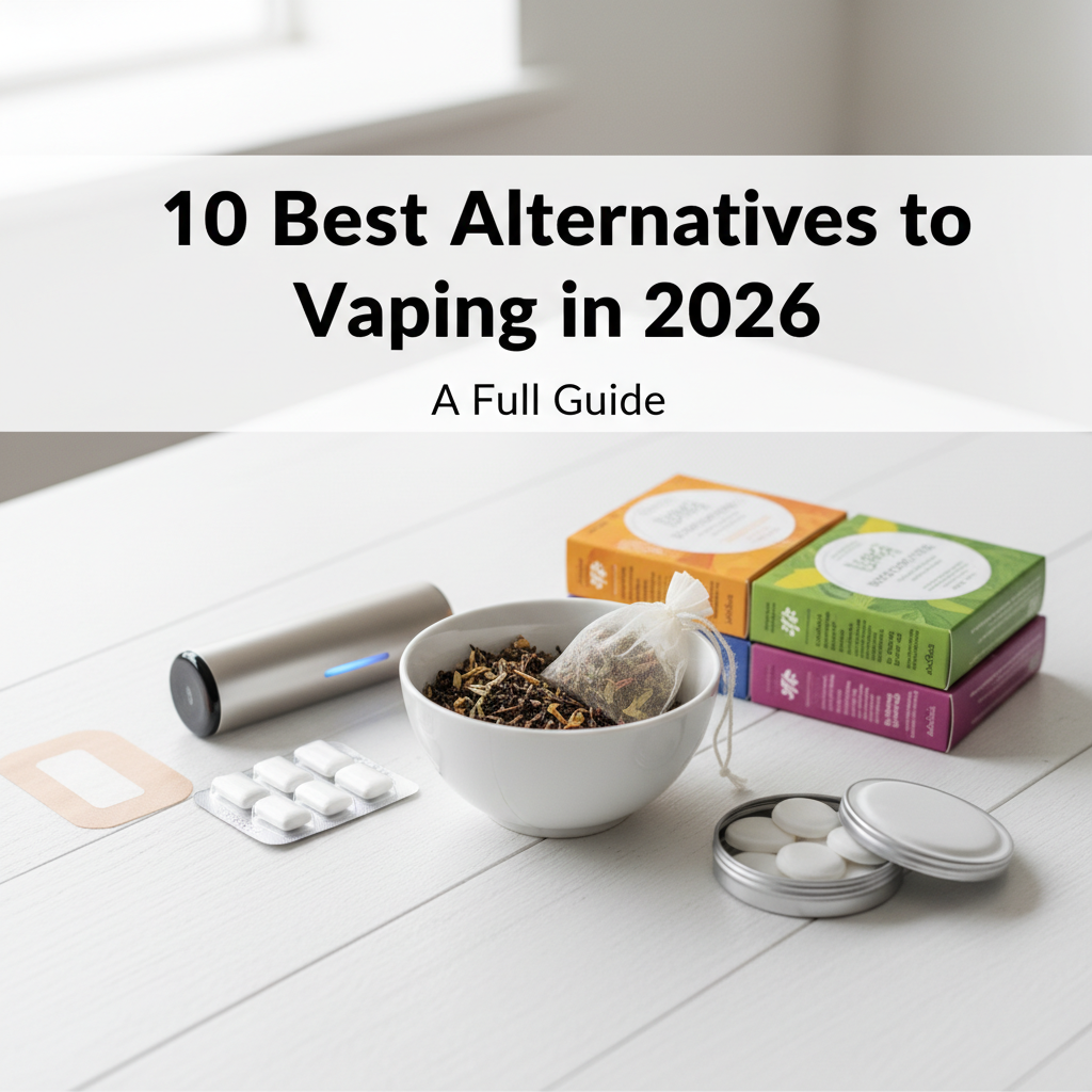 Collection of alternatives to vaping products including nicotine pouches and NRT options in 2026