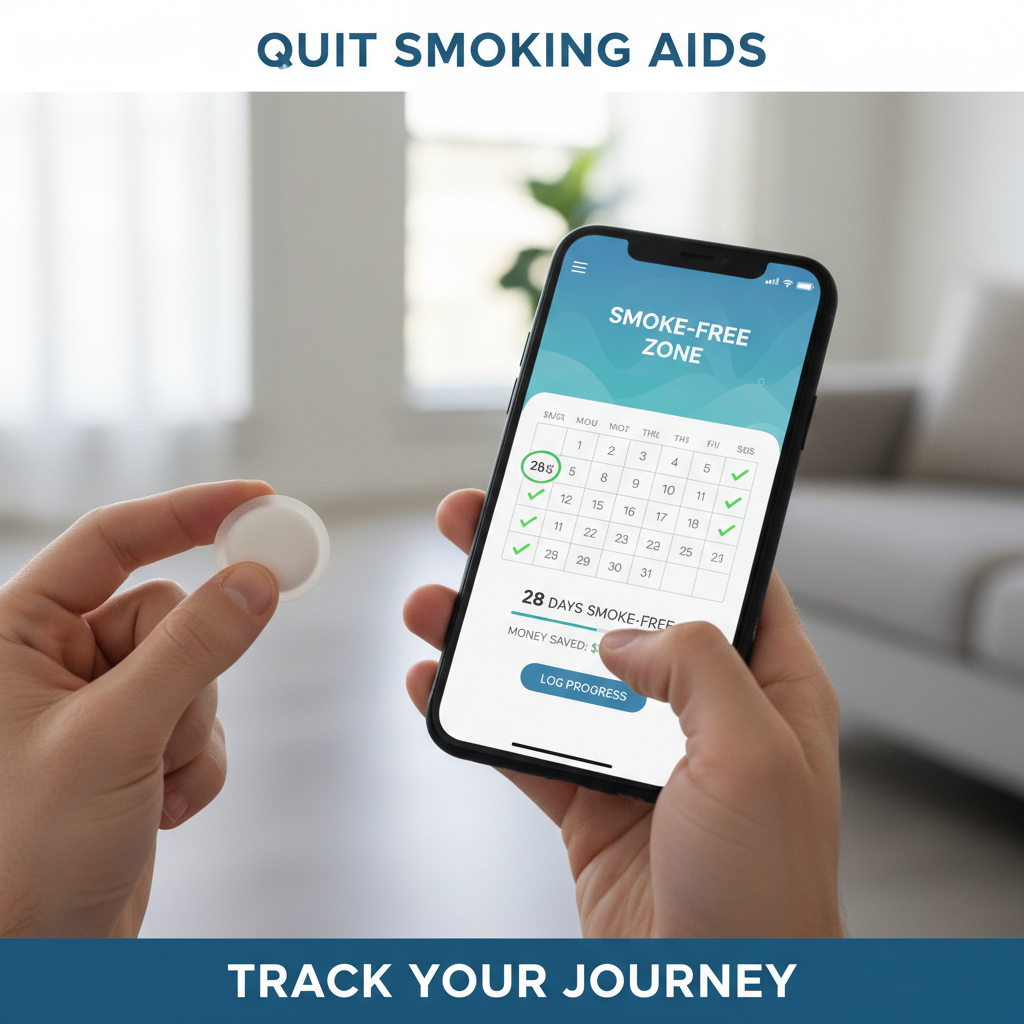 Person using a quit smoking tracker app on their phone alongside tobacco-free nicotine pouches as quit smoking aids