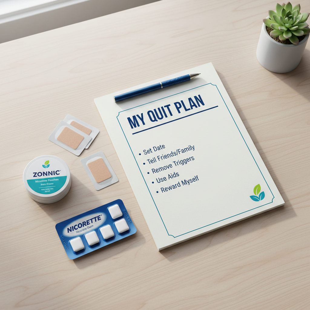Various quit smoking aids including tobacco-free nicotine pouches, patches, and gum arranged on a desk