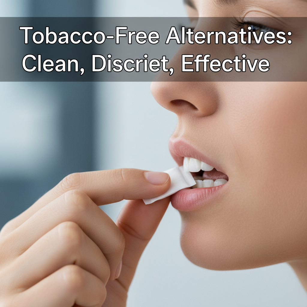 Person using a chewing tobacco alternative pouch placed discreetly between lip and gum