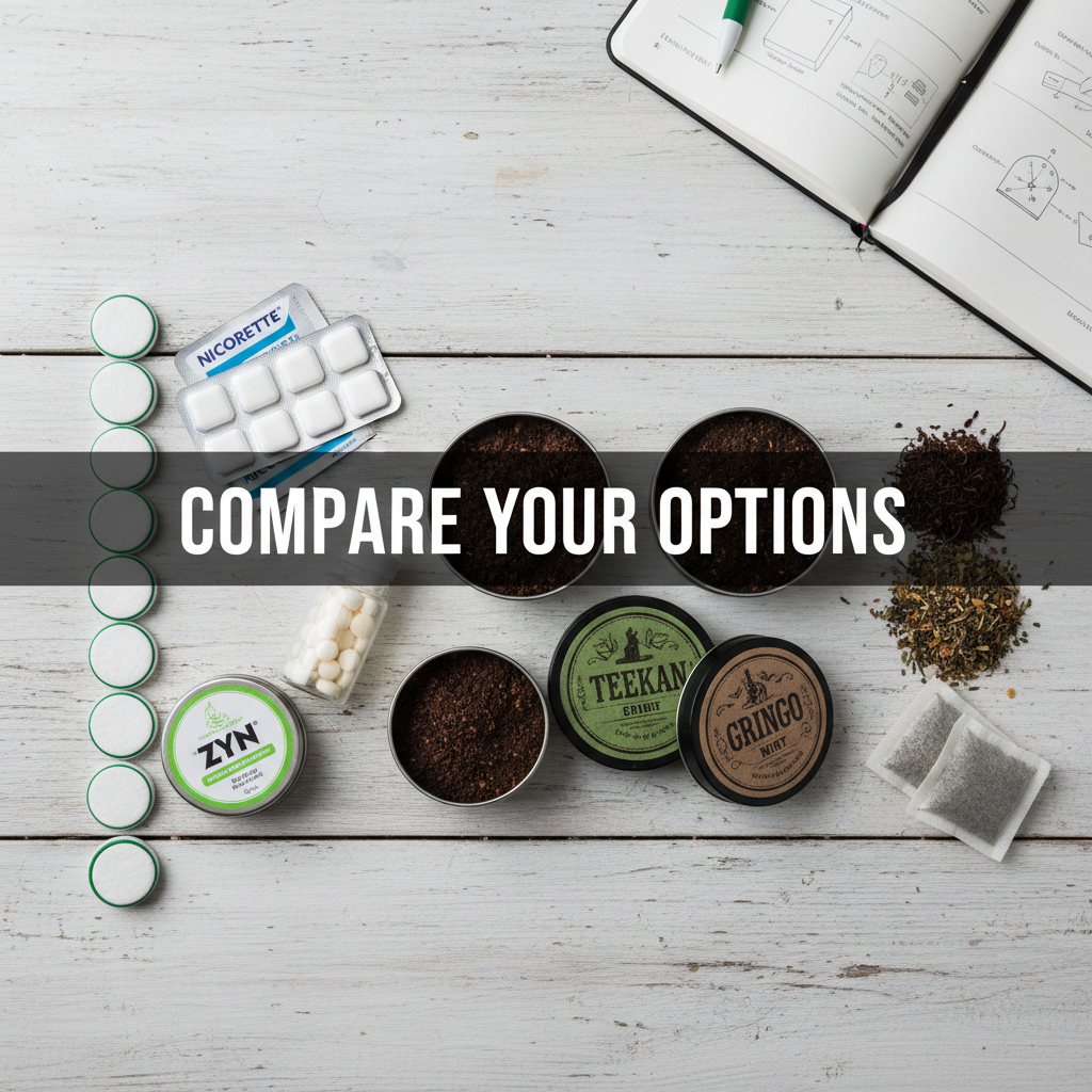 Comparison of chewing tobacco alternatives including nicotine pouches, gum, lozenges, and herbal snuff options