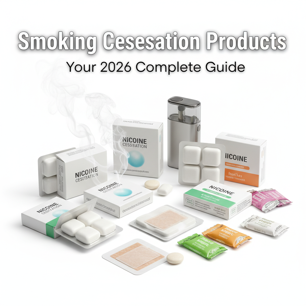 smoking cessation products including nicotine pouches patches and gum arranged on a surface