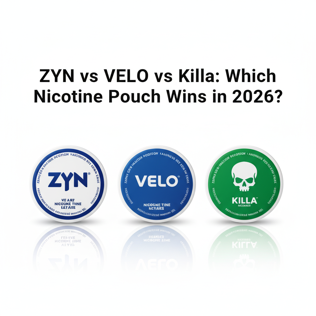 ZYN vs VELO vs Killa nicotine pouch comparison showing three brand cans