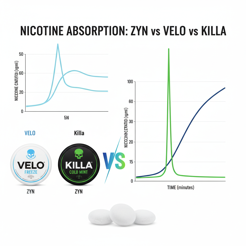 ZYN vs VELO vs Killa nicotine absorption comparison chart showing different delivery profiles