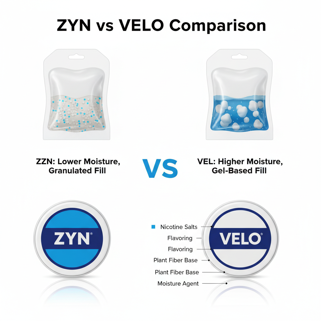 ZYN vs VELO comparison showing internal pouch structure and ingredient differences