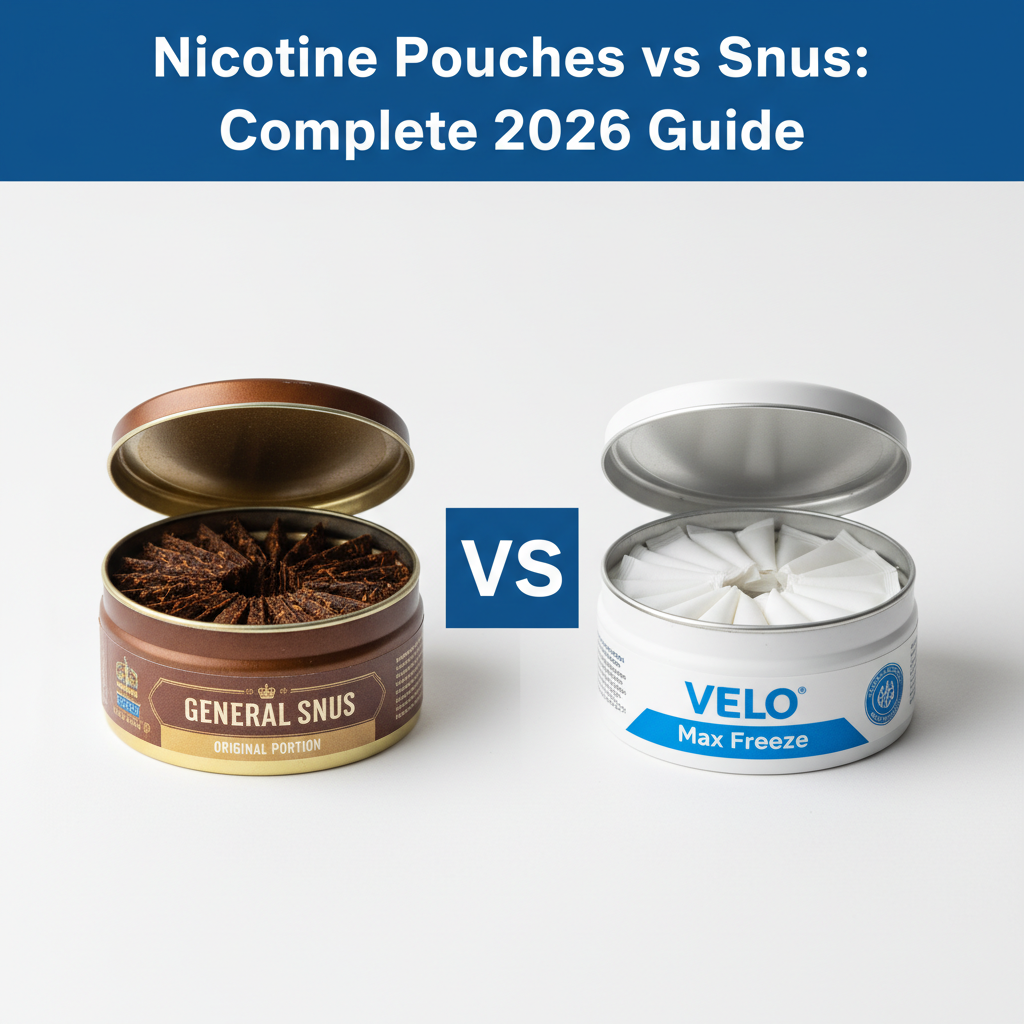 nicotine pouches vs snus comparison showing tobacco-free white pouches and traditional snus