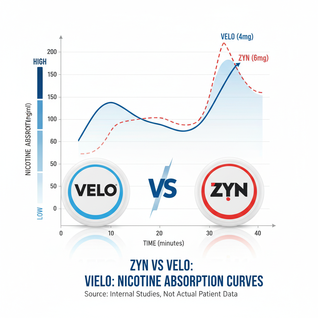 ZYN vs VELO nicotine absorption rate comparison chart showing different release profiles