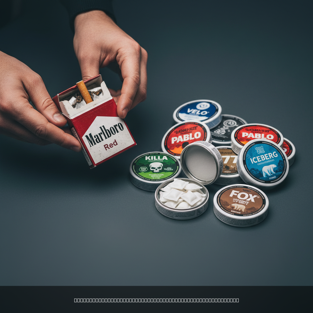 Switch from smoking to nicotine pouches comparison showing cigarettes and nicotine pouch products