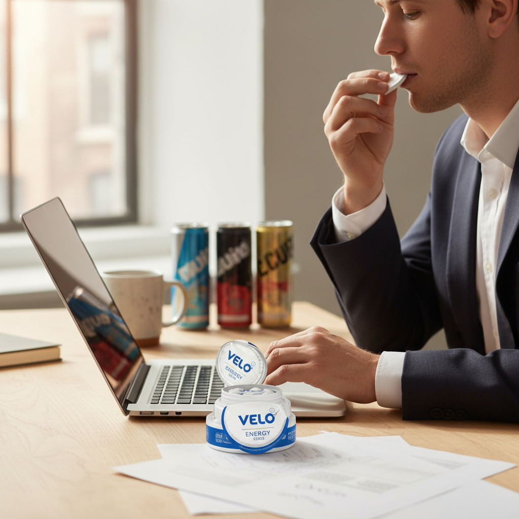 Professional using energy pouches vs energy drinks in workplace setting