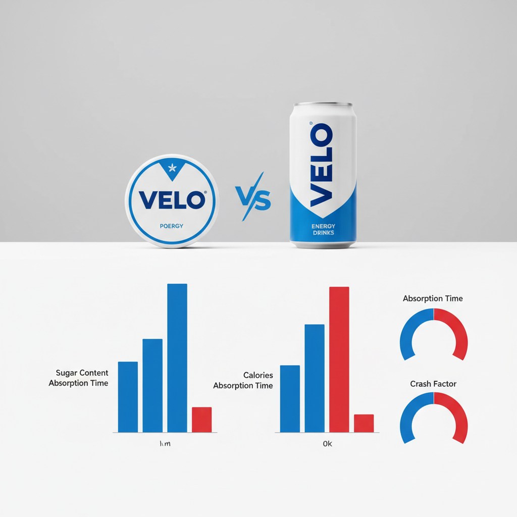 Health comparison infographic for energy pouches vs energy drinks showing key metrics