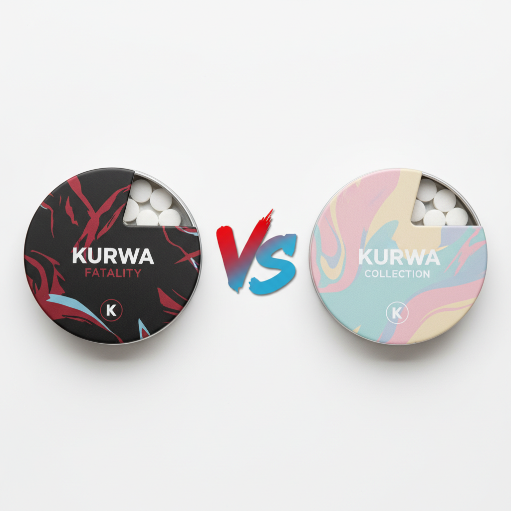 Kurwa nicotine pouches review - Fatality vs Collection strength comparison tins