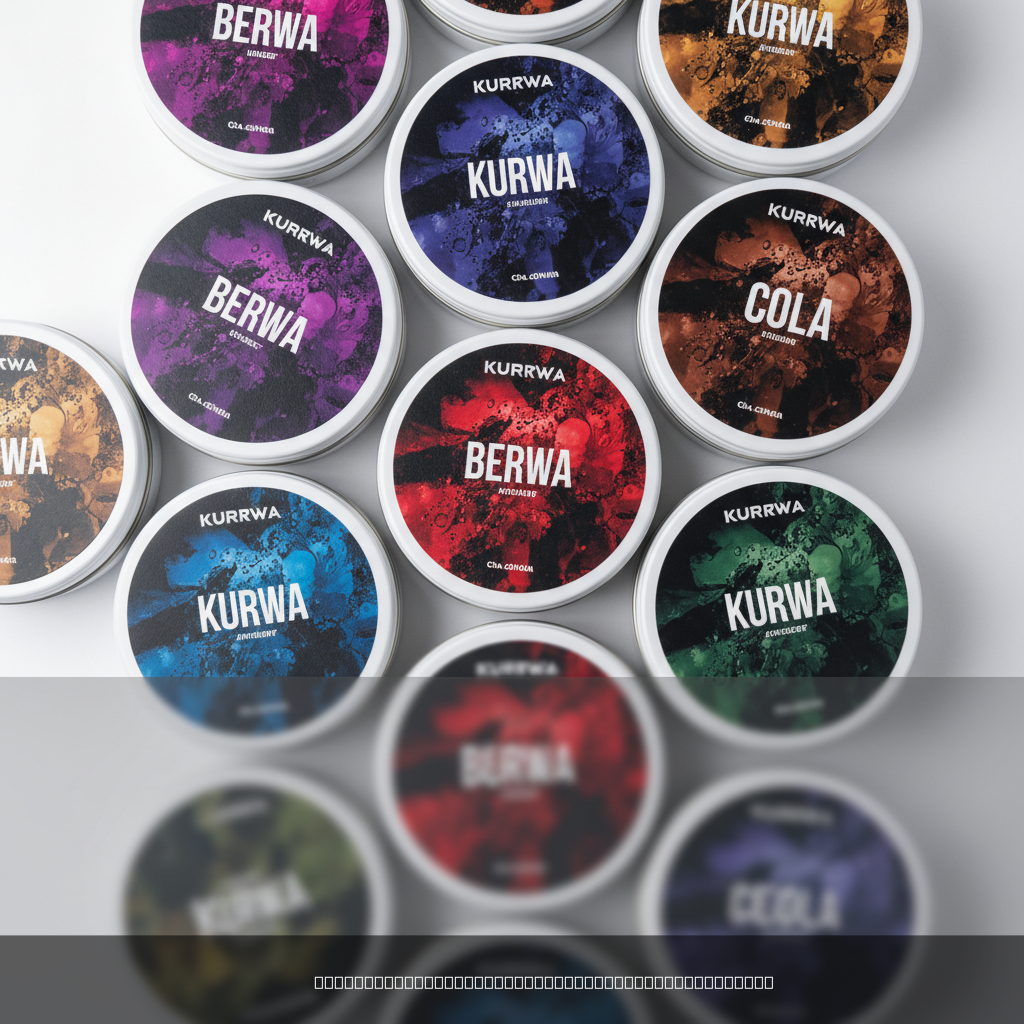 Kurwa nicotine pouches review - multiple flavor tin cans displayed flat lay