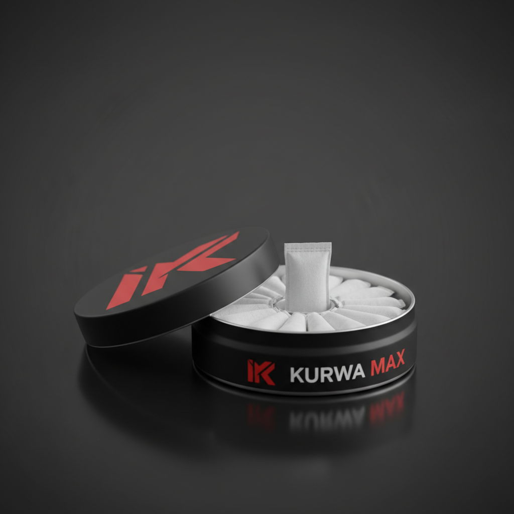 Strongest Kurwa nicotine pouches Max series open tin showing 43mg slim pouches