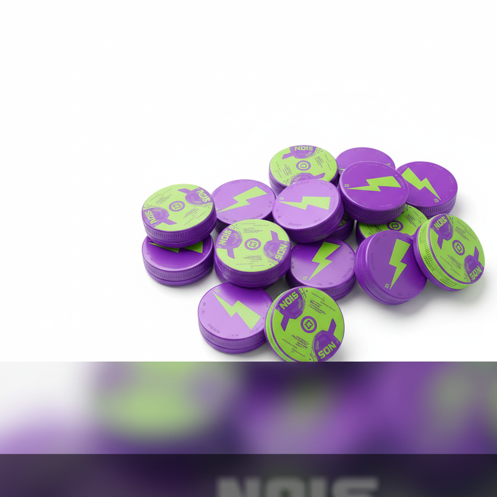 NOIS nicotine pouches round tins purple neon branding order NOIS pouches online