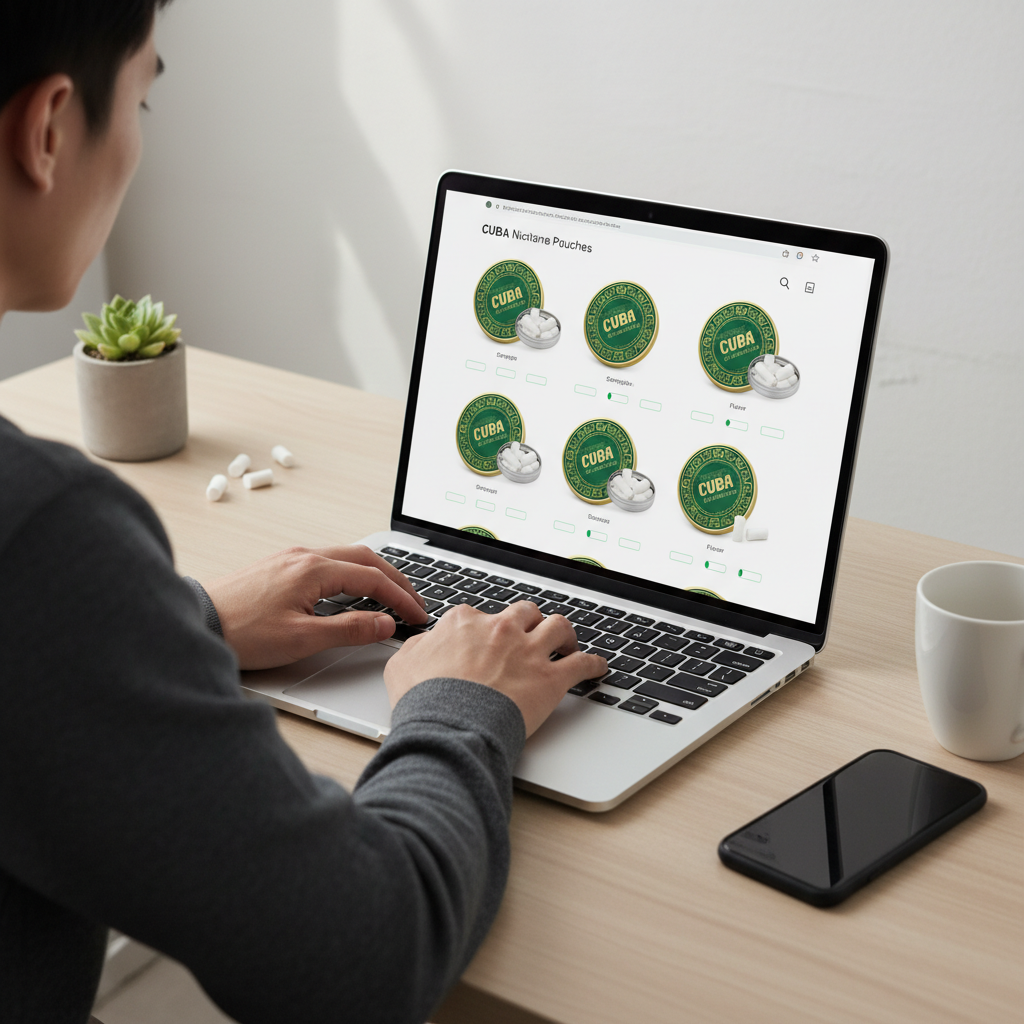 Browsing an online store to order Cuba pouches online with laptop