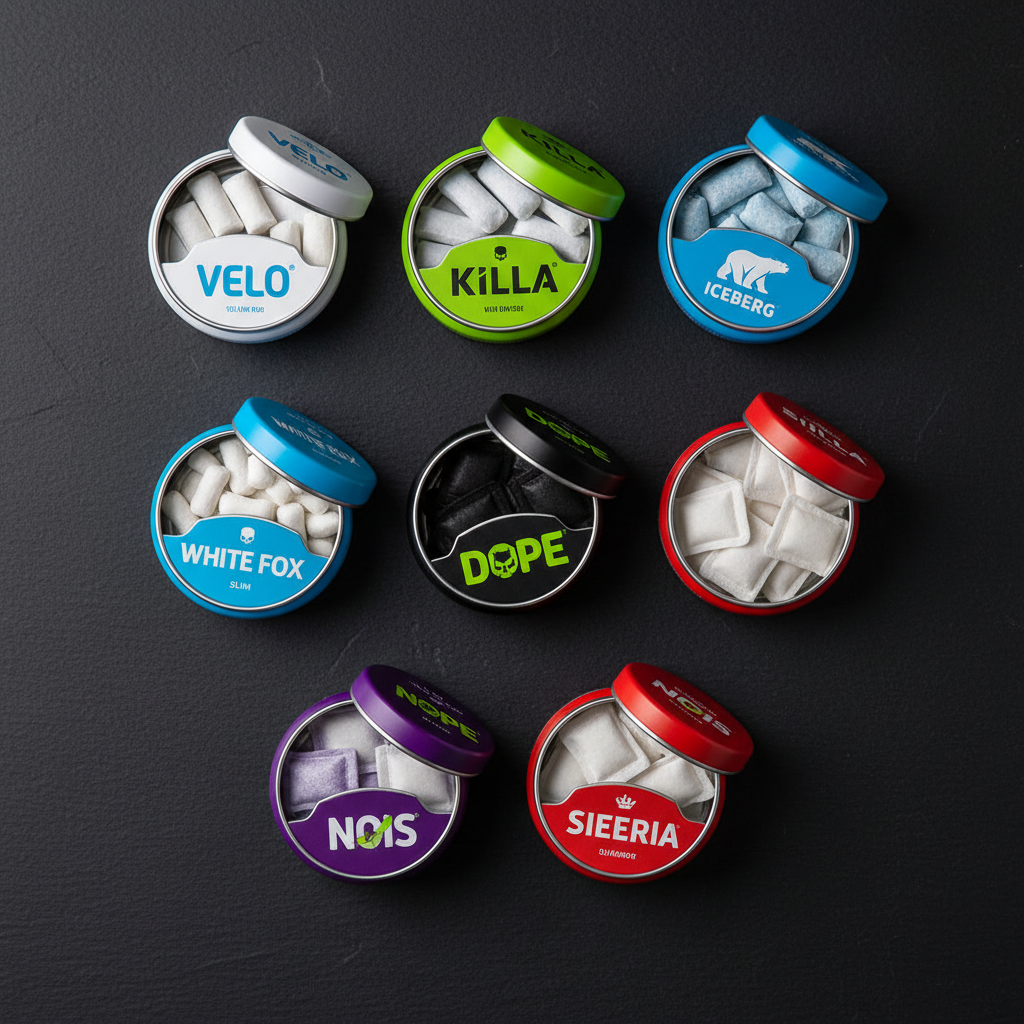 Multiple nicotine pouch format tins from VELO Killa Iceberg and White Fox showing slim and mini format pouches
