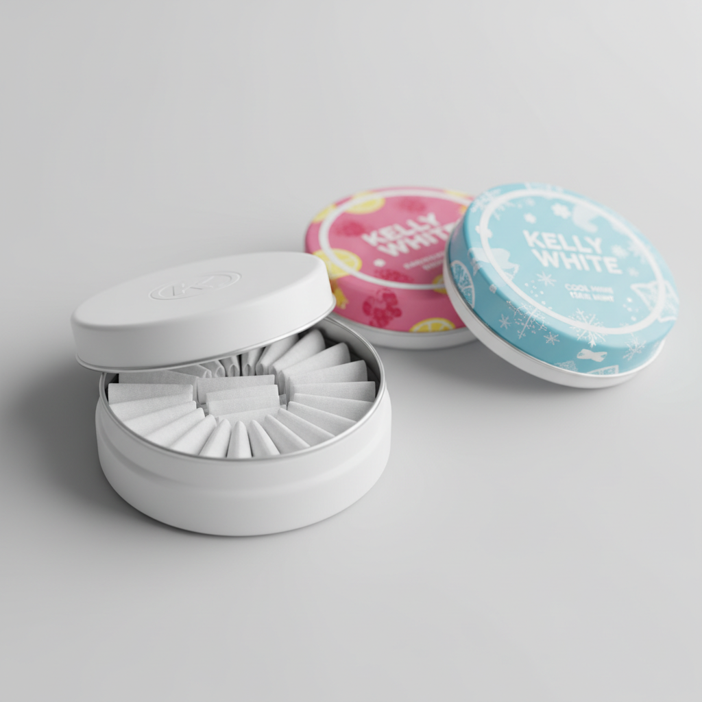 Kelly White nicotine pouch tin open showing slim all-white pouches for ordering online