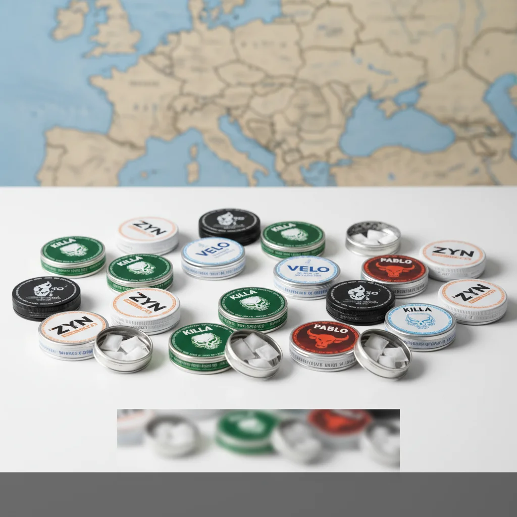nicotine pouches bulk order Europe showing multiple brand tins arranged for comparison