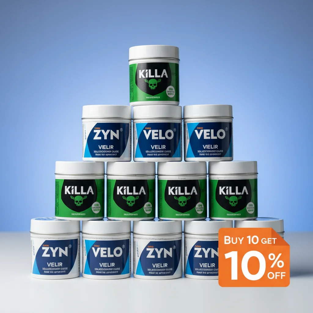 nicotine pouches bulk order Europe discount tiers showing stacked cans with savings overlay