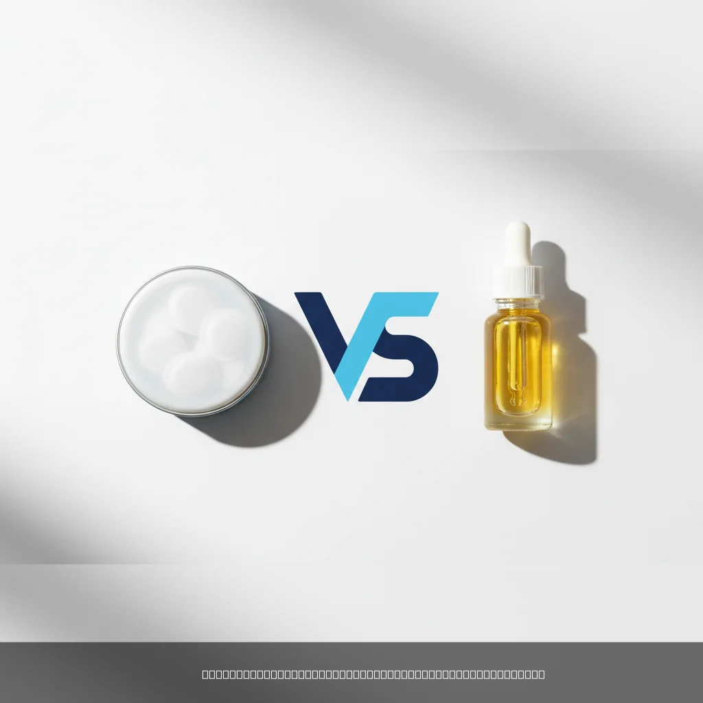 CBD pouches vs oil side-by-side comparison showing pouch tin and oil dropper bottle