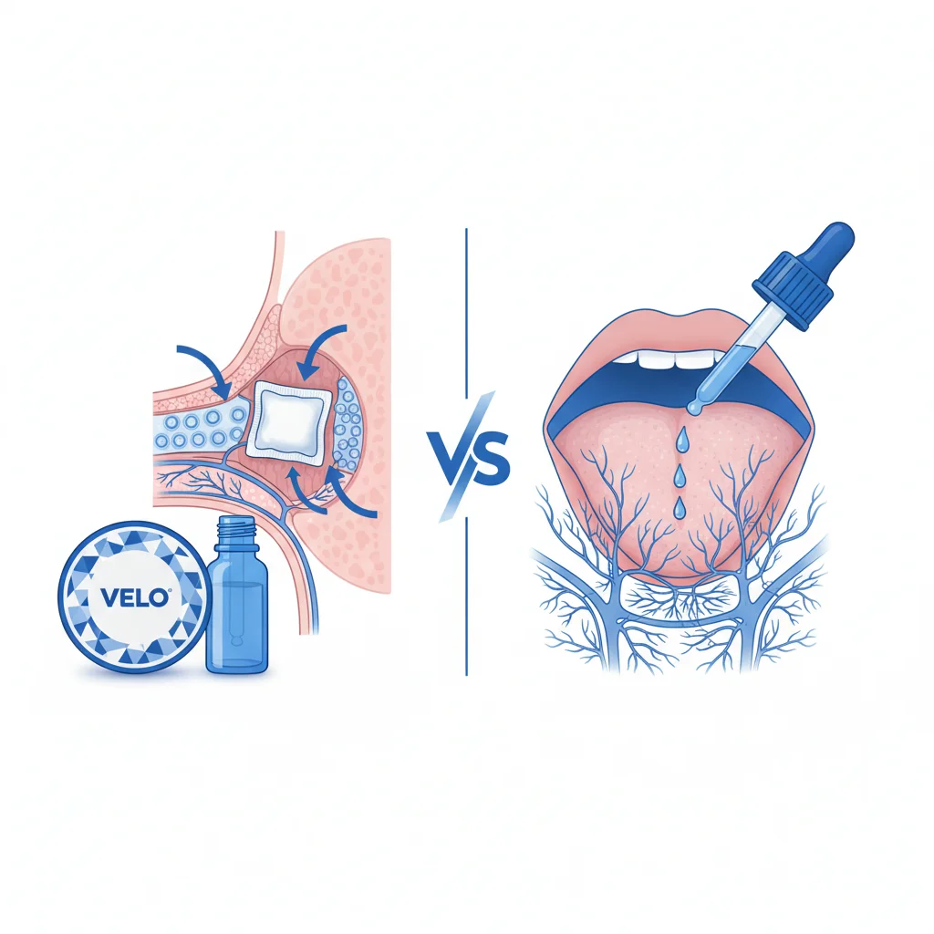 Diagram comparing CBD pouches vs oil absorption routes through oral mucosa