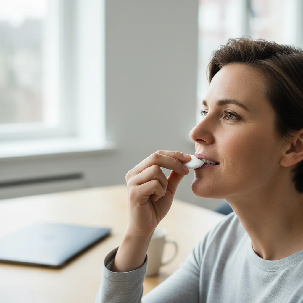Person using a CBD pouch in an office setting - CBD pouches vs oil convenience comparison