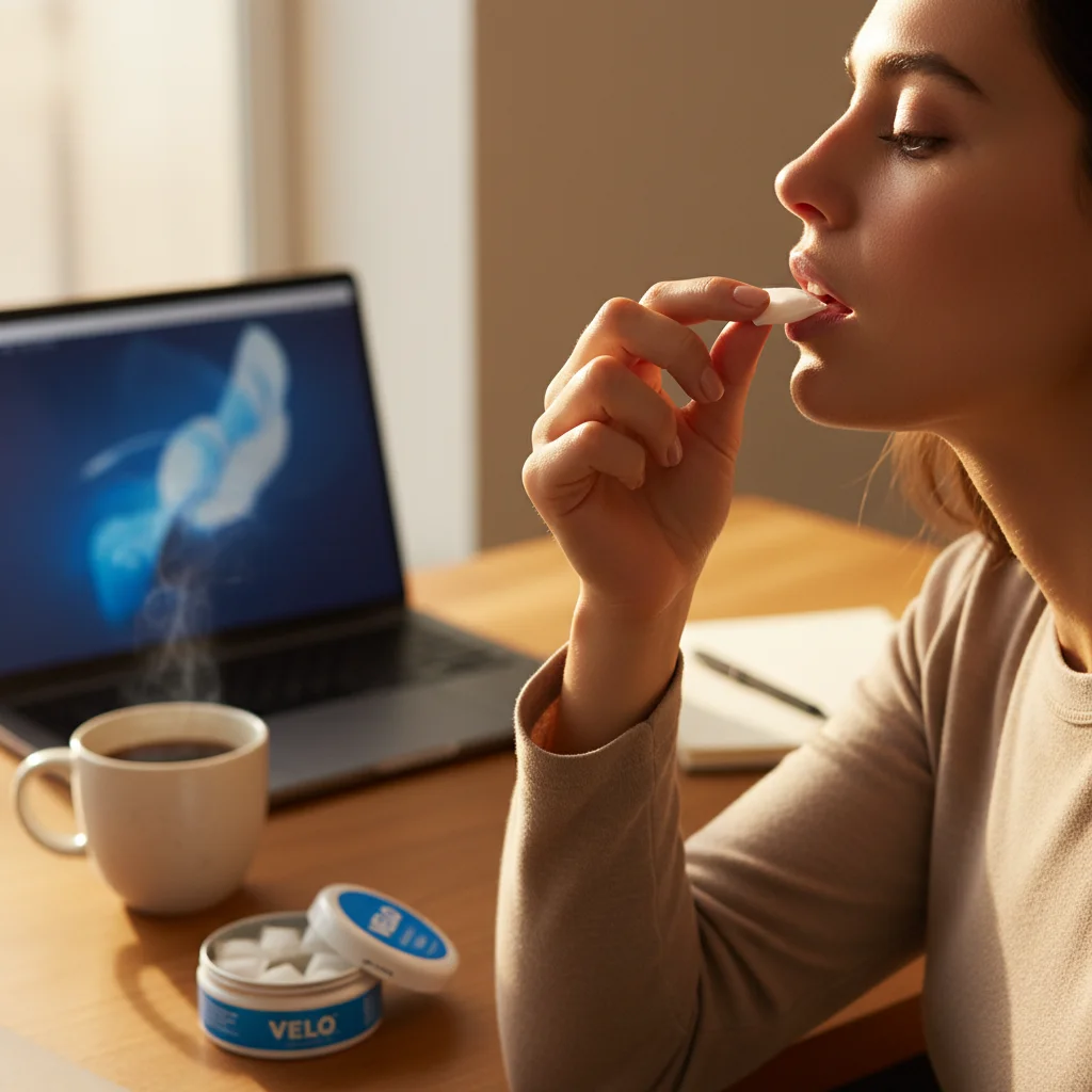 person using caffeine pouch correctly to avoid sleep effects, showing morning use best practice