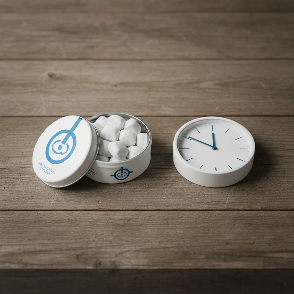 caffeine pouches sleep effects timing guide showing round energy pouch tin on desk with clock
