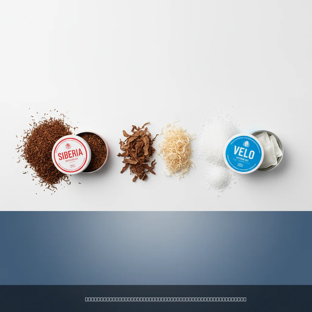 Ingredient comparison for white pouch vs brown pouch showing tobacco leaf versus plant fiber base materials