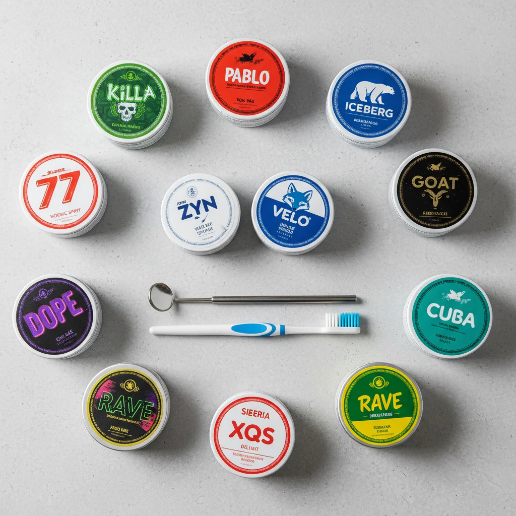 Selection of nicotine pouch tins alongside dental care tools illustrating nicotine pouches gum health best practices