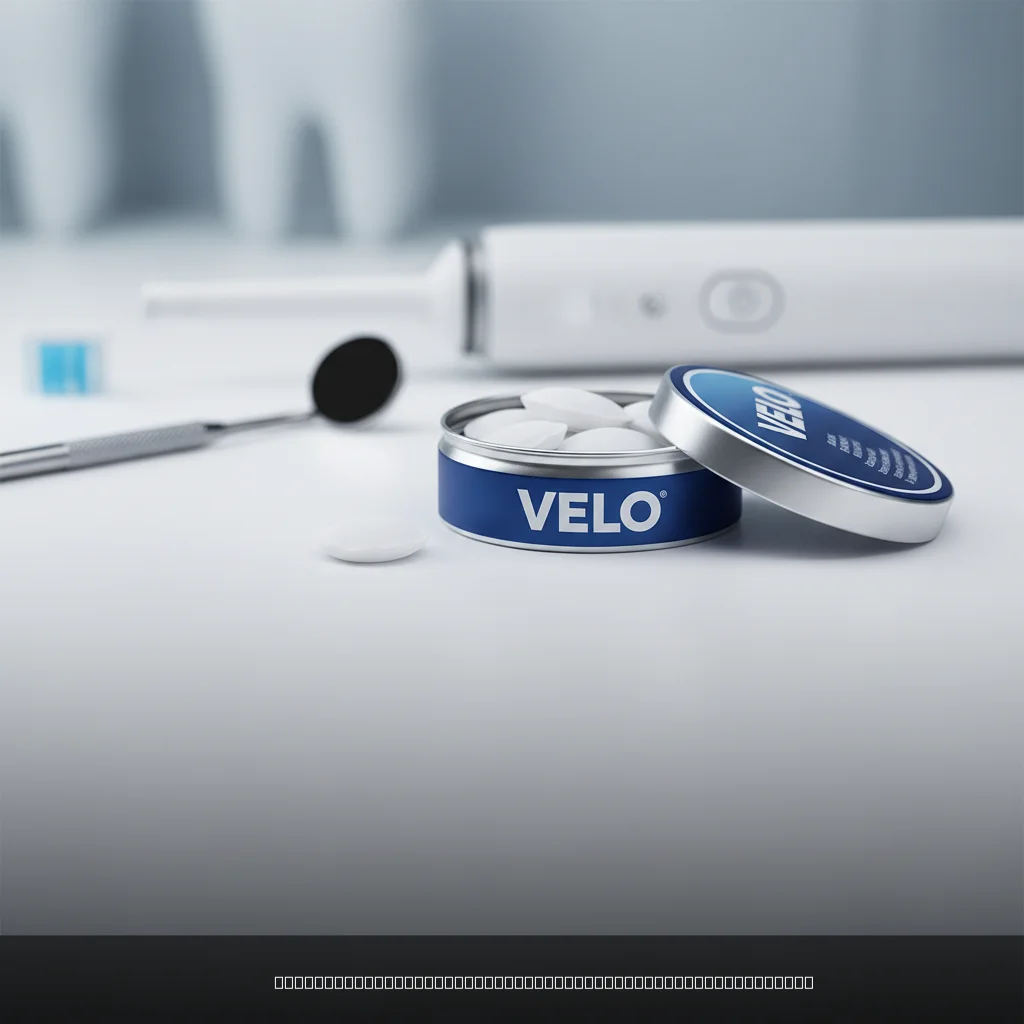 Nicotine pouch tin open beside dental tools illustrating nicotine pouches gum health concerns