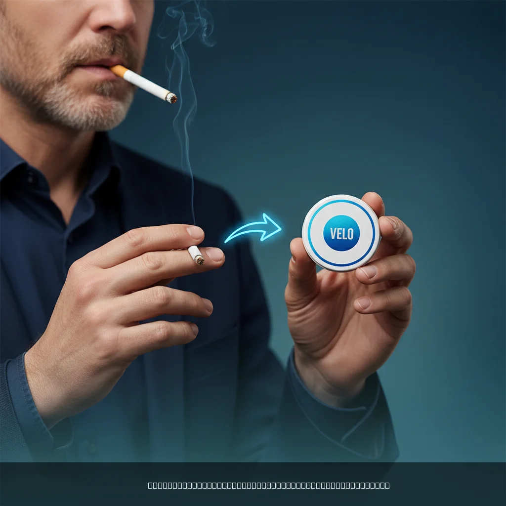 Person switching cigarettes to nicotine pouches, holding both a cigarette and a round pouch tin side by side