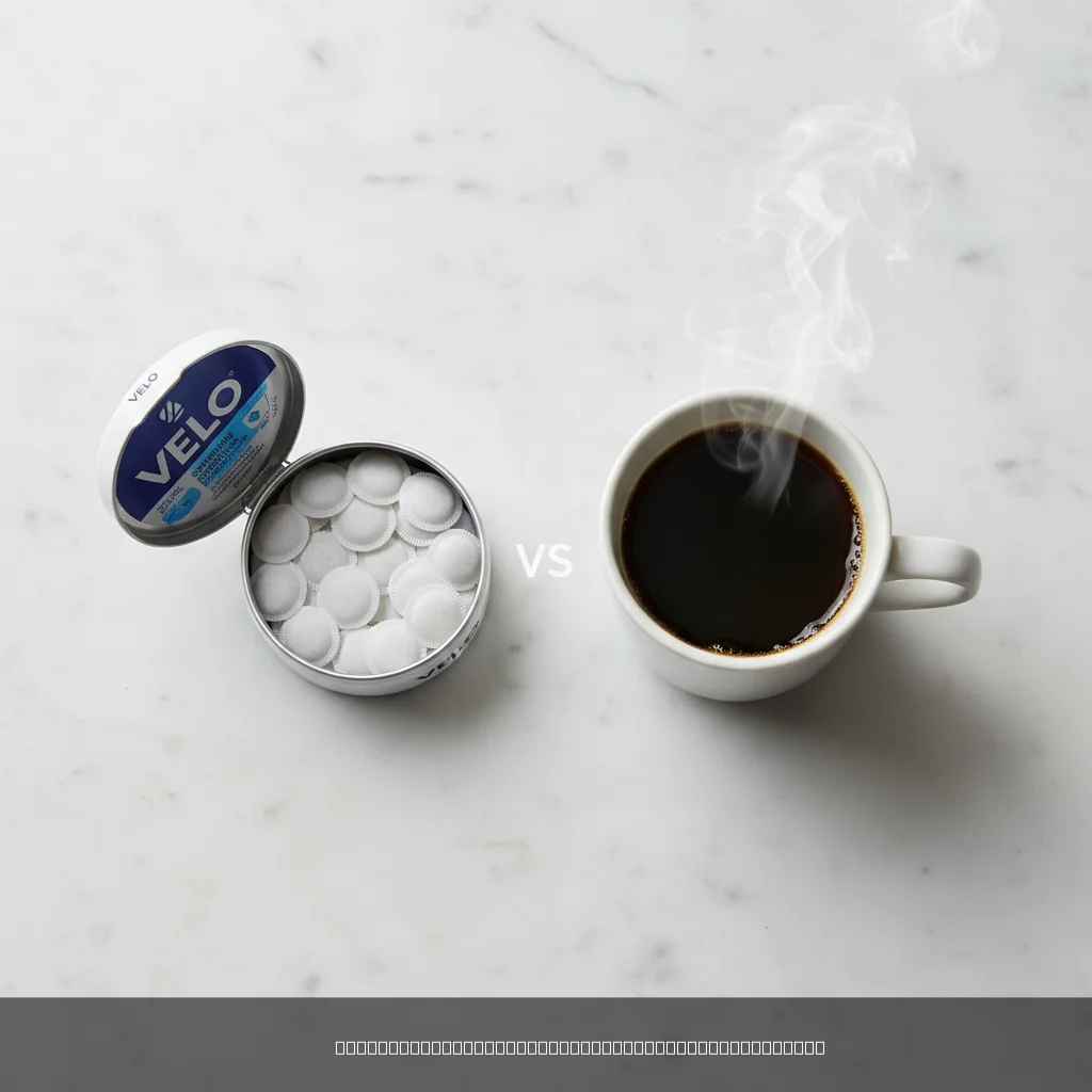 caffeine pouches vs coffee side by side comparison on marble surface