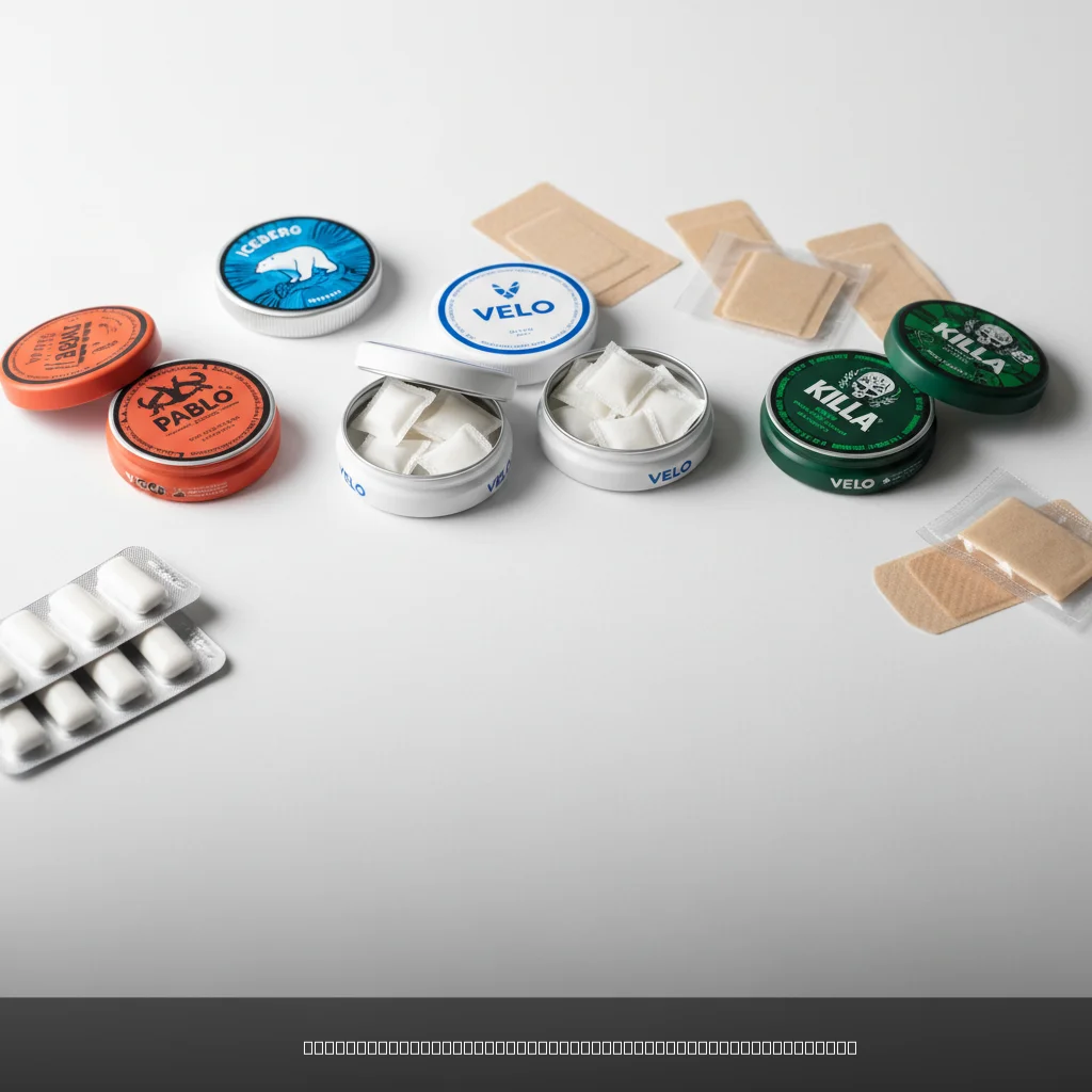 tobacco free nicotine alternatives including nicotine pouches, patches and gum displayed on white background